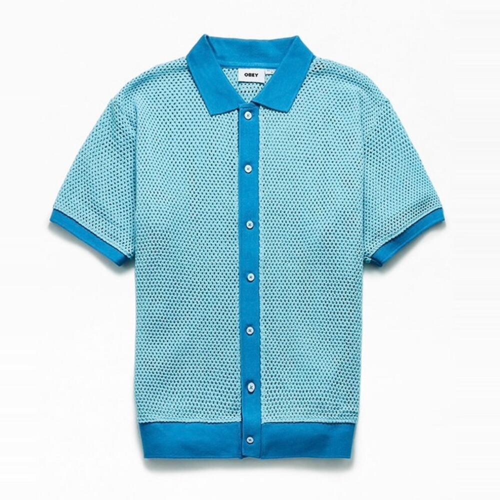 OBEY Grove Button Up Polo Shirt Mens Large Sky Blue Cotton Knit Mesh
